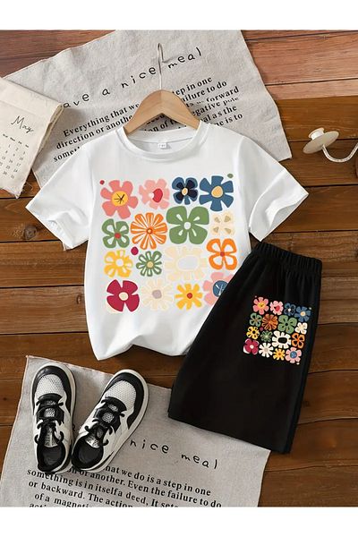 npLStore Children's Floral Printed Bottom-Top Set Cotton Shorts T-Shirt Set