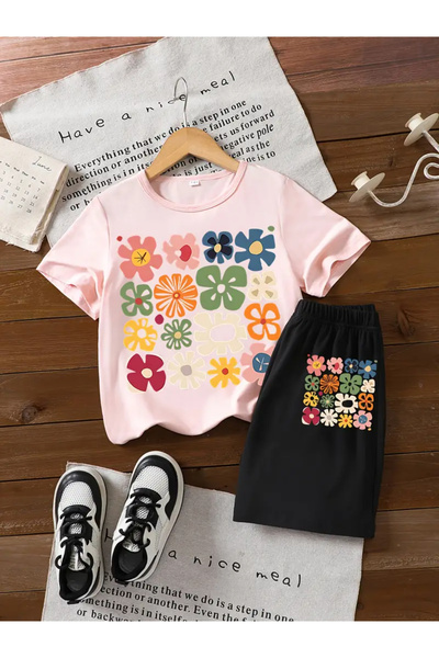 MANCY Детски комплект от памучни шорти с флорален принт и горнище