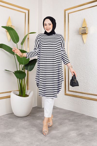ensade Striped Combed Cotton Oversize Women's Tunic - Summer Comfortable Fit