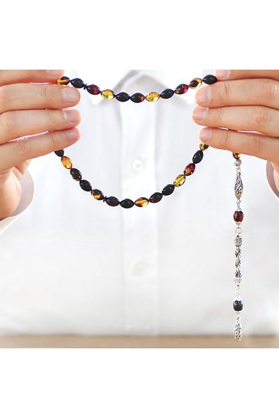 Tesbihane Anti-Tarnish Metal Rope Tasseled Barley Cut Bala-Black Fire Amber Prayer Beads