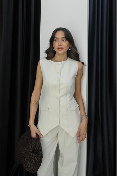 Havoş Stone Color Linen Vest with Belt on the Back