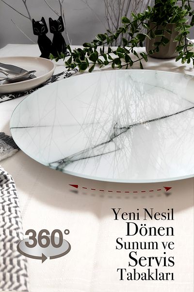 Sunum360 White Marble Patterned Luxury Service Presentation Plate with Rotating Stand. Rotating Cake and Cheese Plate Stand