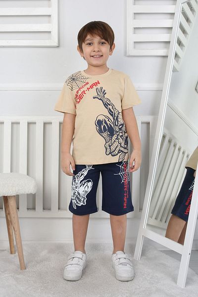 Yağmur Giyim Human Man Customized Boy Shorts Suit Isob Beige Patterned 100% Cotton 3-12 Years
