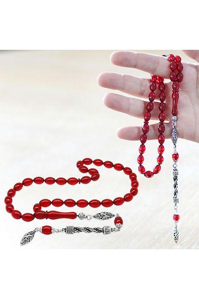 Tesbihane Non-Tarnish Metal Rope Tasseled Barley Cut Flag Red Fire Amber Prayer Beads