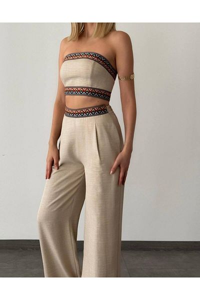 FASHION COCKTAIL Aztec Motif Stripe Corset, Crop Top, Pocket Elastic Palazzo Pantalon and Modern Ethnic Set