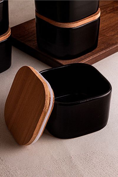 Snippy Luma Soft Black - 6-Piece Wooden Vacuum Lid Ceramic Breakfast Ceramic Bowl Snack Bowl 300 ml