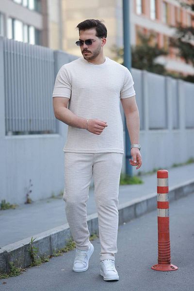 JACK CAPRİO Men's Elastic Waist Soft Natural Cotton Breathable Summer Stretchy Flared Fabric Bottom Top Set