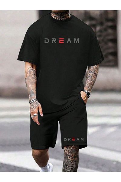 ACTIVE MODA - Men's Short Sleeve Dream Printed Tshirt-Shorts Set 2 Pieces Cotton Large Size