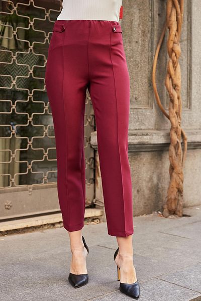 Jument Women's High Waist Front Stitched Waist Epaulette Buttoned Pipe Leg Lightweight Lycra Fabric Trousers-Burgundy