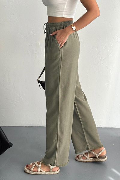 İstangül Butik Wide Leg High Waist Wash Pattern Linen Trousers