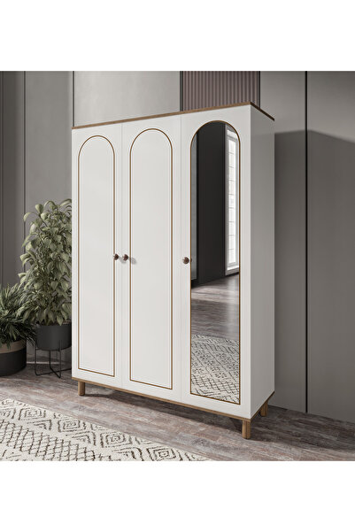 KZNMOB HOME 3 Kapaklı 2 Çekmeceli Aynalı Bohem Gardırop, Elbise Dolabı Beyaz - Tamamı 1. Kalite MDF