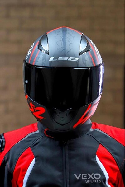 LS2 Rapid 2 Raven Mat Siyah-beyaz-kırmızı Kask Siyah Vizörlü