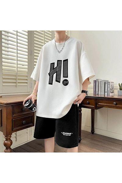 ACTIVE MODA - طقم تي شيرت وشورت رجالي بأكمام قصيرة مطبوع عليه HI - طقم مكون من قطعتين قطن مقاس كبير