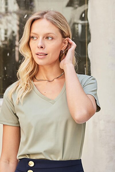 Jument Women's V-Neck Short Sleeve Lycra Span Fabric T-Shirt Blouse