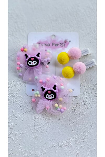 Toka Perisi Ponponlu Kuromi Kız Çocuk Toka Seti ( 4 Adet )