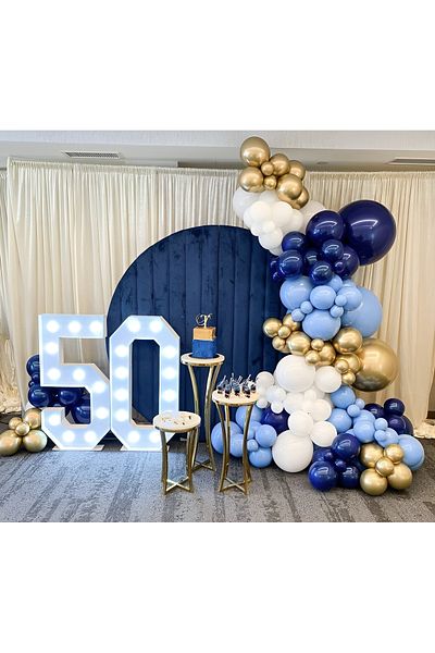 Parti Setim Navy Blue / Macaron Blue / White / Gold Chrome Balloon Chain Set of 100