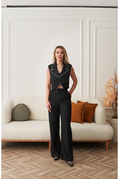Rabia Çelik Women's Black Piping Detailed High Waist Pants Vest Suit