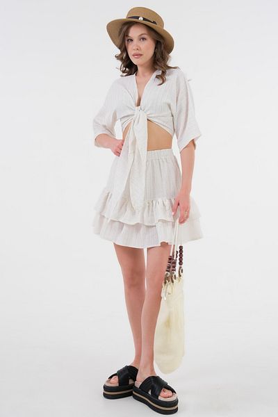Saade Ecru Japone Sleeve Tie Detailed Blouse - Elastic Waist Ruffled Shorts Skirt Woven Set