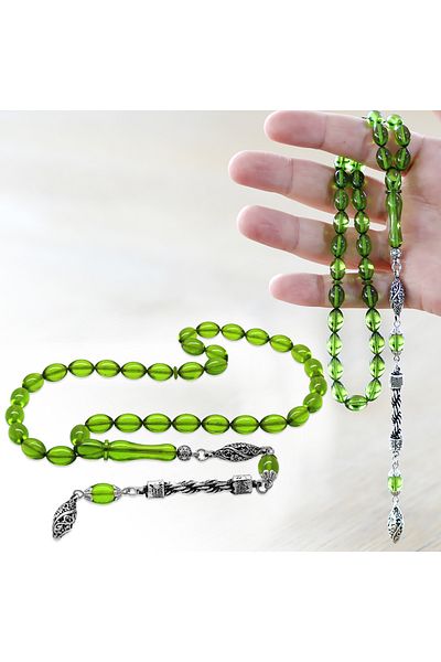 Tesbihane Non-Tarnish Metal Rope Tasseled Barley Cut Water Green Fire Amber Prayer Beads