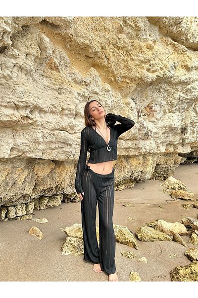 Cherry Lane Black V-Neck Transparent Blouse Pants Beach Set
