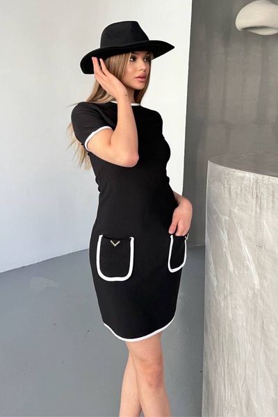 Ded COLLECTION Women's Short Sleeve Ottoman Fabric Short Dress with Bias and Accessories Ornamental Pocket