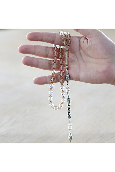 Tesbihane Non-Tarnish Metal Rope Tasseled Barley Cut Transparent White Fire Amber Prayer Beads