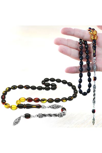 Tesbihane Non-Tarnish Metal Rope Tasseled Barley Cut Filtered Bala-black Fire Amber Prayer Beads