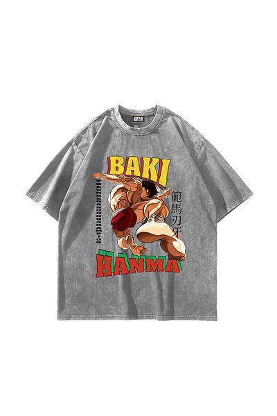 Sekizbiraltı Λευκό μπλουζάκι με στάμπα Baki Hanma Oversize Unisex Washed