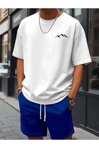 CAST COLLECTİON Men's Blue Shorts White Printed Tsirth Set