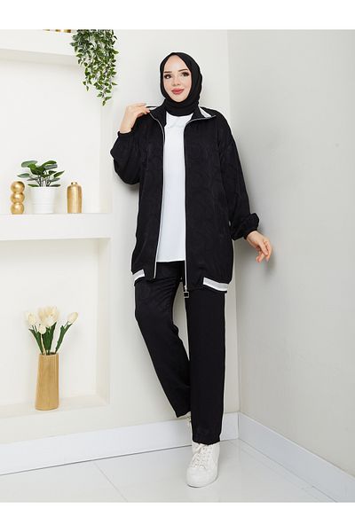 MODAMERSİ Women's Black Jacquard Fabric Blouse, Zippered Sweatshirt and Trousers Three Piece Set