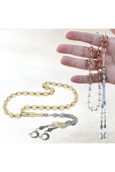 Tesbihane Non-Tarnish Metal Crescent Star Tasseled Barley Cut Transparent White Fire Amber Prayer Beads