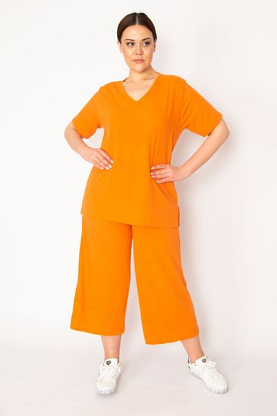 Şans Orangefarbenes Leibchen für Damen, gestrickt, elastische Taille, weites Bein, Hose, V-Ausschnitt, Blusenanzug 65N32939