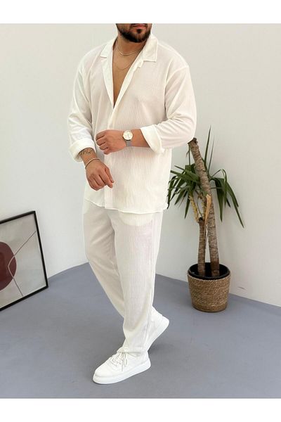 Combineman35 White Men's Summer Crinkle Lycra Fabric Long Sleeve Shirt Tracksuit 2 Piece Wrap Suit