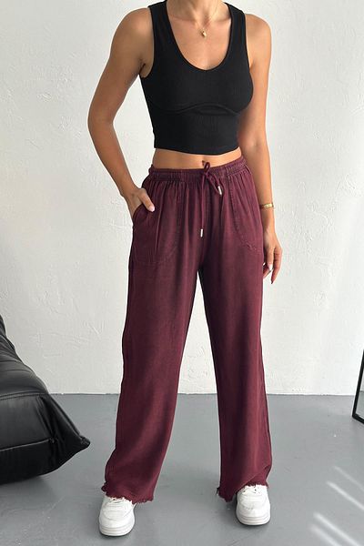 İstangül Butik Wide Leg High Waist Wash Pattern Linen Trousers