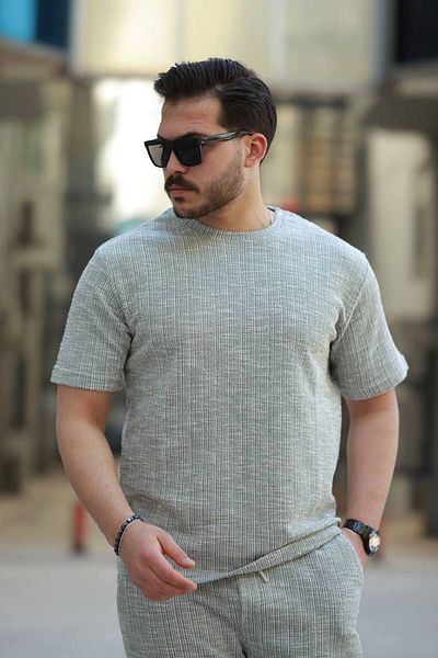 JACK CAPRİO Men's Elastic Waist Soft Natural Cotton Breathable Summer Stretchy Flared Fabric Bottom Top Set