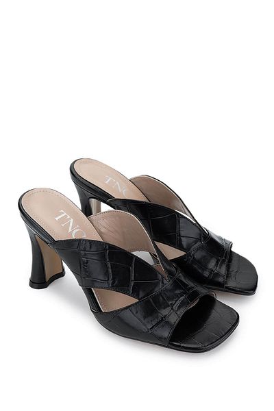 Tamer Tanca Women's Genuine Leather Black Crocodile Heeled Slippers