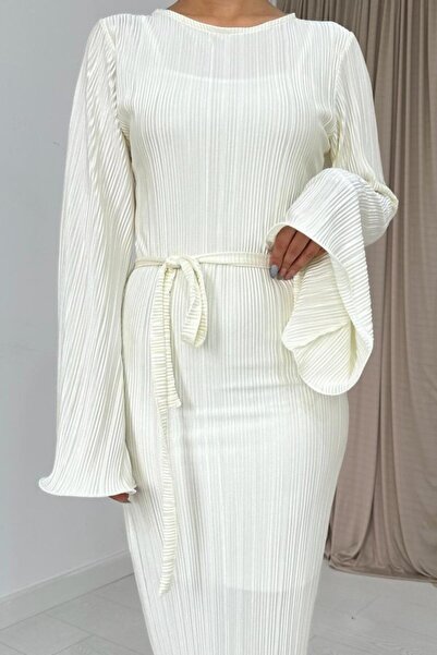 Deridün Yıldız Shoes Ecru Spanish Sleeve Pleated Dress