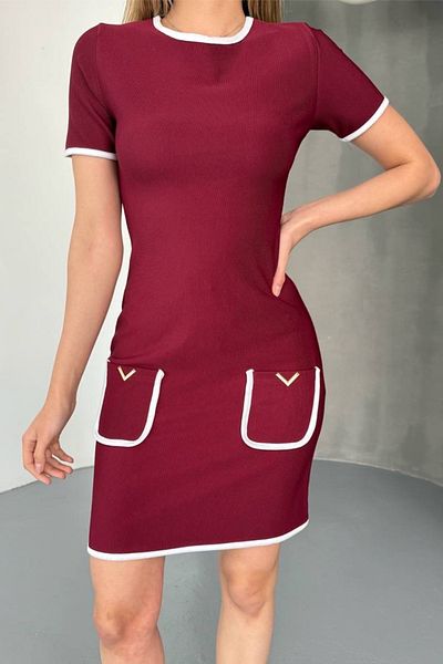 Ded COLLECTION Women's Short Sleeve Ottoman Fabric Short Dress with Bias and Accessories Ornamental Pocket