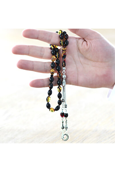 Tesbihane Нетемніючий метал Ayyıldız з бахромою, різаний ячмінь, чорний вогонь, бурштиновий чотки
