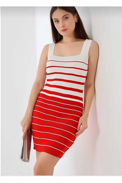 H&S STORE Fitted Thick Strap Square Neck Striped Seasonal Burgundy Stylish and Comfortable Dress