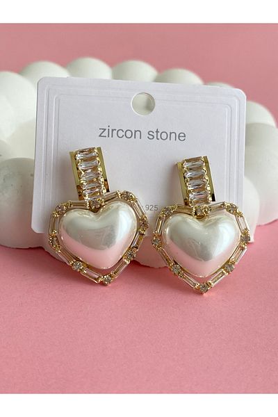 acsesuaris Pearl Heart Detailed Gold Steel Earrings