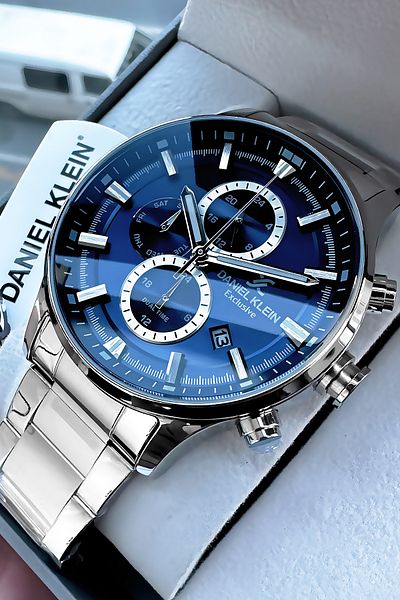 Daniel Klein Exclusive Men's Wristwatch 3 Atm Waterproof Silver Color Steel Band + Natural Stone Bracelet Elg105