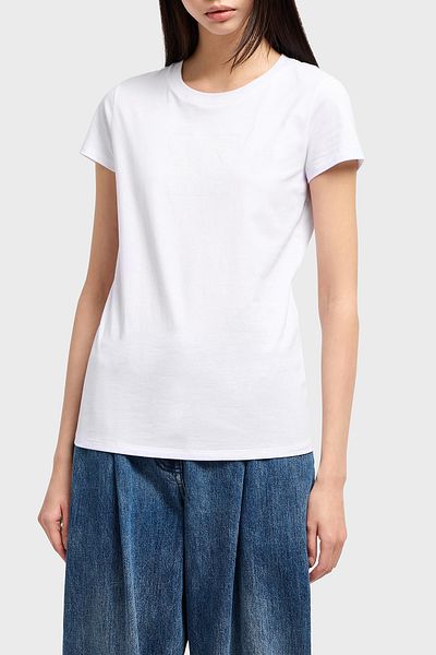 Armani Exchange Women's Slim Fit Chest Textured Logo Pattern Cotton Short Sleeve White T-Shirt Xw 000530   Af10359-U0002