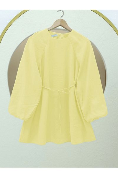 Modamorfo Round Neck Waist Lace up Balloon Sleeve Tunic -Light Yellow