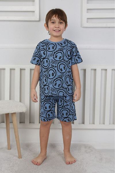 Yağmur Giyim İsob Blue Smiley Face Patterned 100% Cotton Boys Short Sleeve Shorts Suit 3-8 Years 41302-m