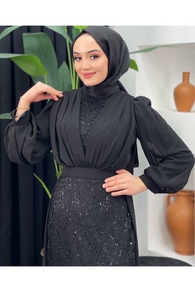 GÜZELLER Balık Model Pelerinli Şifon Boncuk İşlemeli Söz İsteme Nişan Nikah Elbisesi Abiyesi