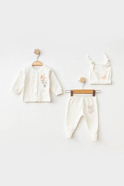 Aziz Bebe Baby Girl Butterfly Patterned Cardigan Trousers Beanie Set 0-6 Months Fat