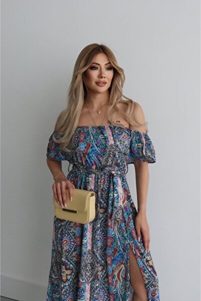 JANES Rochie maxi din jerseu cu mânecă scurtă pentru femei, cu guler Madonna, cu volane, cu fante în talie