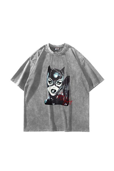 Sekizbiraltı Γυναικεία γάτα με στάμπα Oversize Unisex Washed White Tshirt