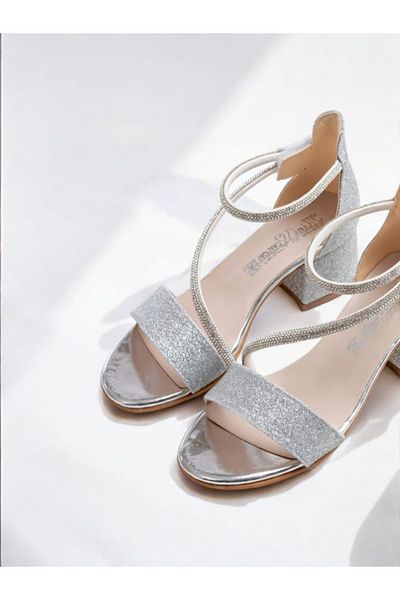 pediashoes Girl's Silver Color Velvet Stone Comfortable Heelled Evening Shoes
